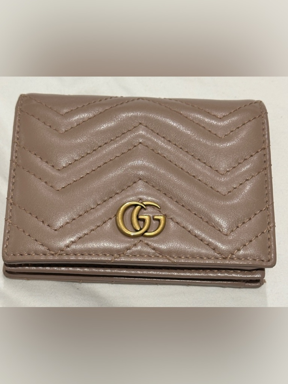 Authentic Gucci Marmot Quilted Leather Wallet in Taupe with Gold Double-G